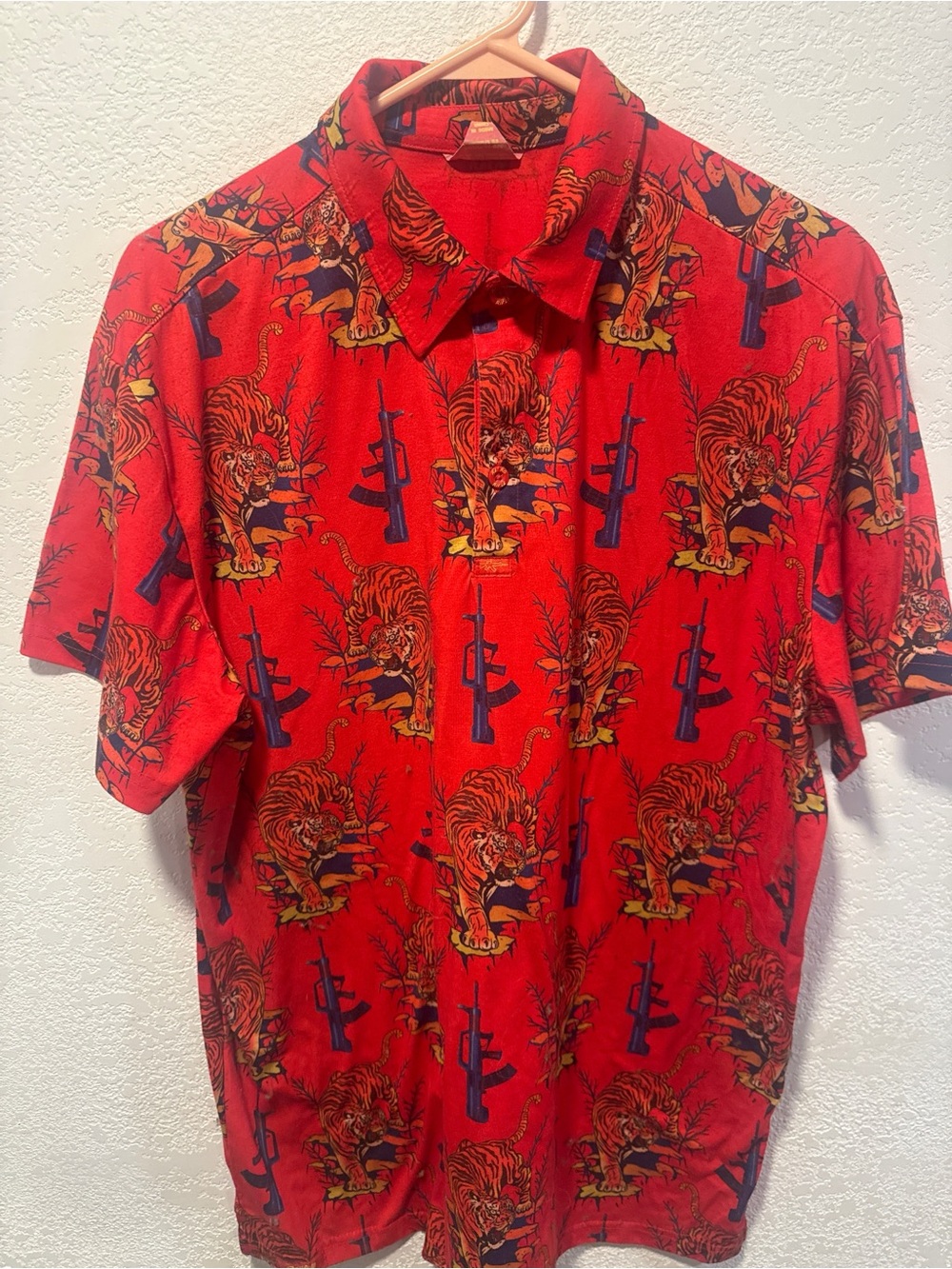 Retro Rifle Men's Tiger Polo Shirt Large Red Camo Stretch Golf Top